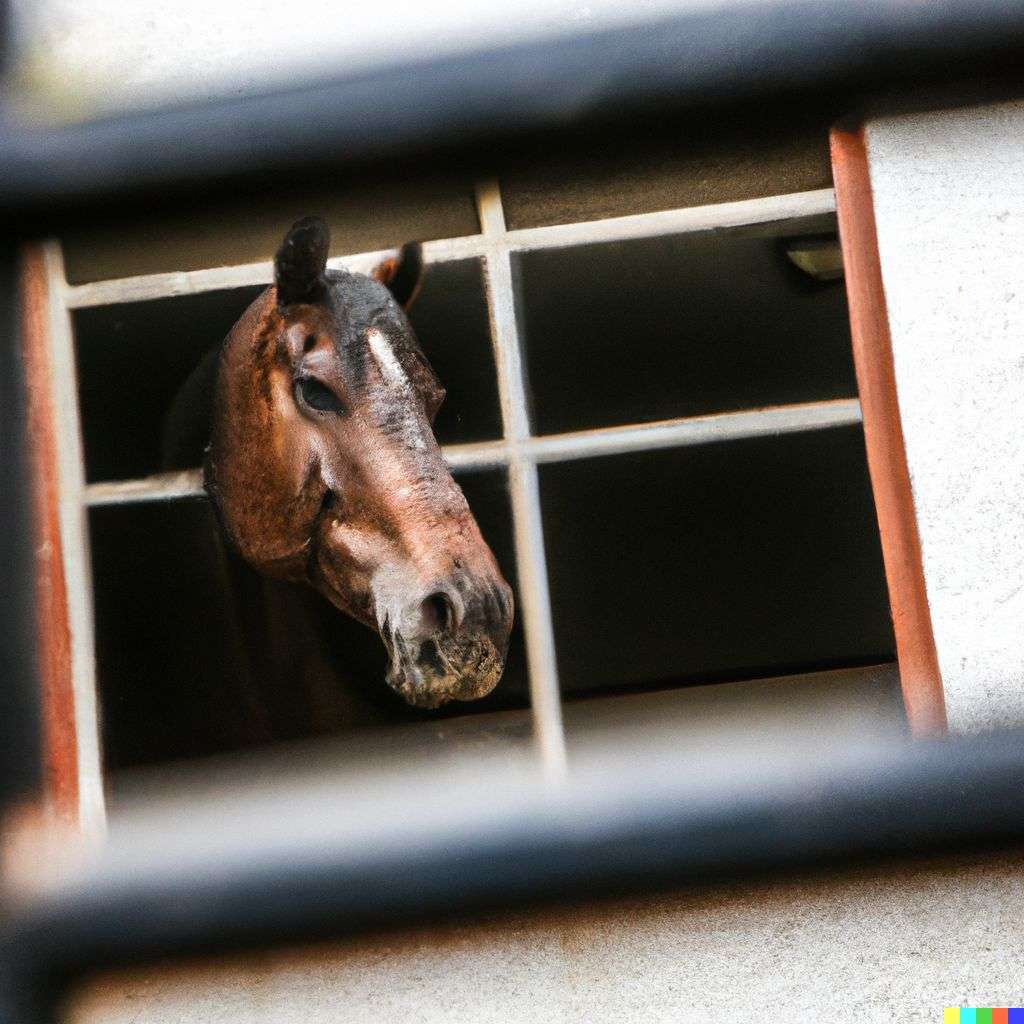 a photograph of a horse seen through a window